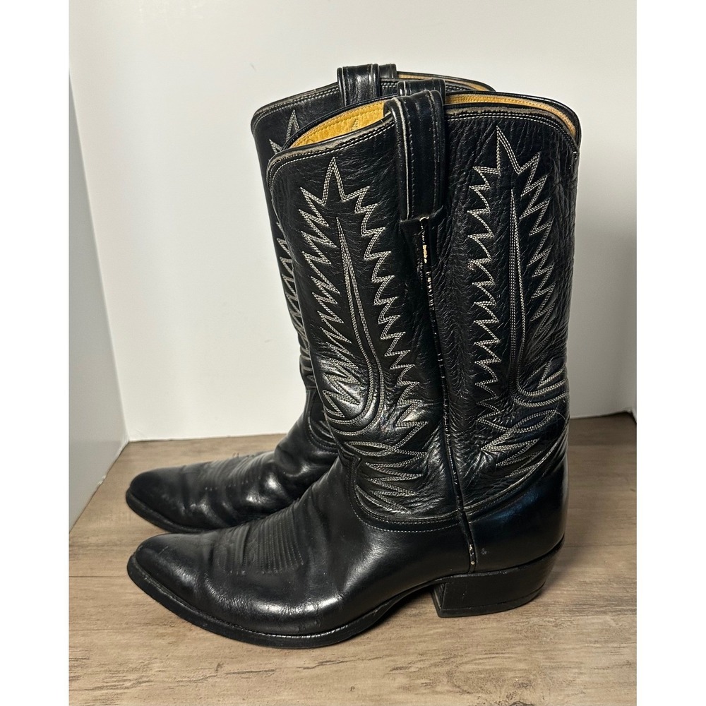 Vintage Tony Lama Mens 10 D Black Leather Western Cowboy Boots Pointed Toe